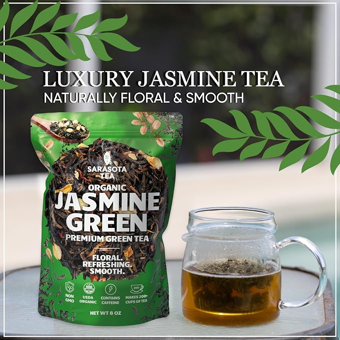 Organic Jasmine Green Loose Leaf Tea | Fragrant Chinese Green Tea Scented with Jasmine Blossoms | USDA Organic | 8oz Bulk Bag | Floral & Smooth | Hot or Iced | Non-GMO