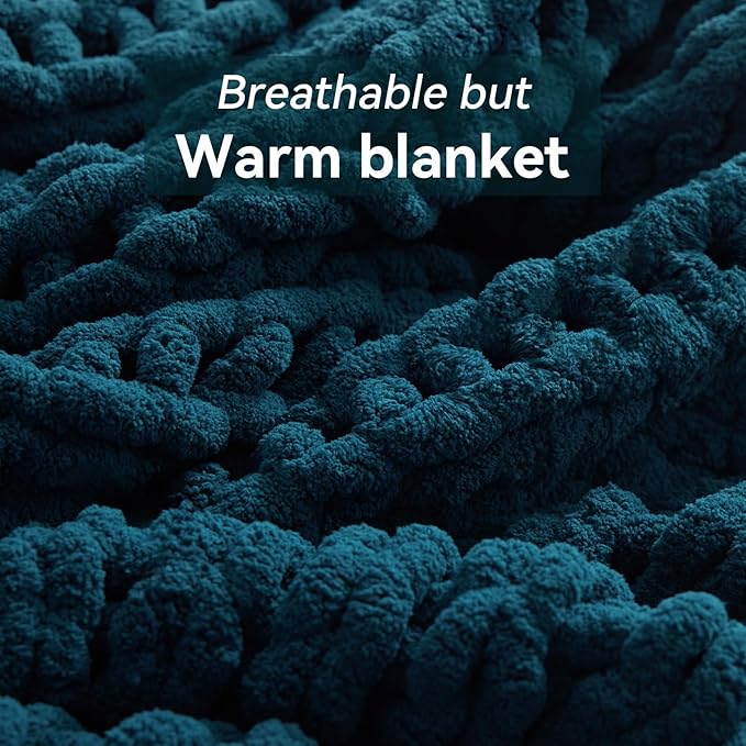 Negwoo Chunky Knit Throw Blanket, Knitted Throw Chenille Yarn, 50"*60" | Soft Thick Cable Knitted Blankets, Handmade Big Thick Blanket,Machine Washable Cute Comfy Blanket for Home Decor,Peacock blue
