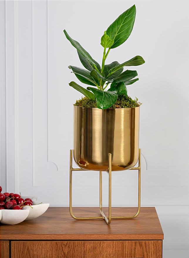 Serene Spaces Living Modern Mid‑Century Metal Indoor Planter with Stand, Gold Planter Pot for Houseplants & Indoor Plants – Living Room, Kitchen & Office, 7.25" Diameter & 13" Tall