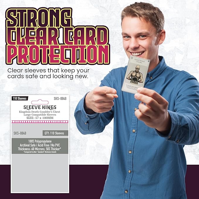 Sleeve Kings Standard Card Sleeves – 110 Count, Clear 60 Micron Thickness, Large Size (57 x 100 mm), Compatible with Kingdom Death: Monster & More – SKU: SKS-8848