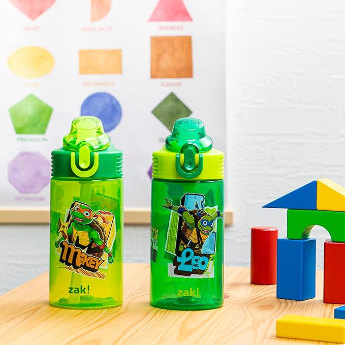 Zak Designs TMNT Sage Kids Water Bottle For School or Travel, 16oz Durable Plastic Water Bottle With Straw, Handle, and Leak-Proof, Pop-Up Spout Cover, 2-Pack Set (Teenage Mutant Ninja Turtles)