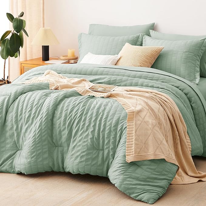 CozyLux Queen Comforter Set Sage Green Seersucker 7 Pieces Bed in a Bag Queen Comforter Set with Sheets, Luxury Soft Bedding Set with Down Alternative Comforter, Sheets, Pillowcases & Shams All Season