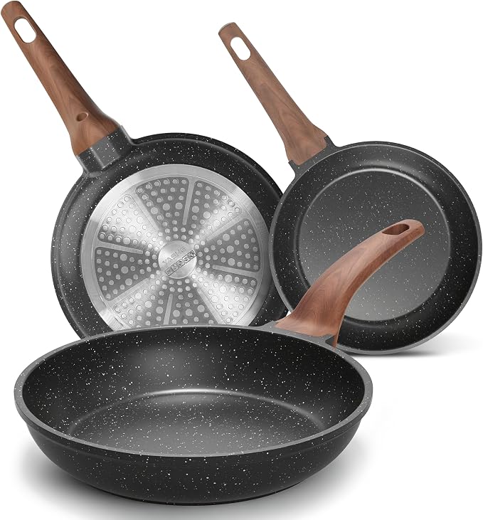 YASHE 3Pcs Granite Nonstick Frying Pan Set(8/9.5/11 inch) Induction Ready | Non-Toxic Omelette Pans Cookware with Stay-Cool Handle PFOA/PFOS Free Skillet Pans Set Compatible with All Stovetops