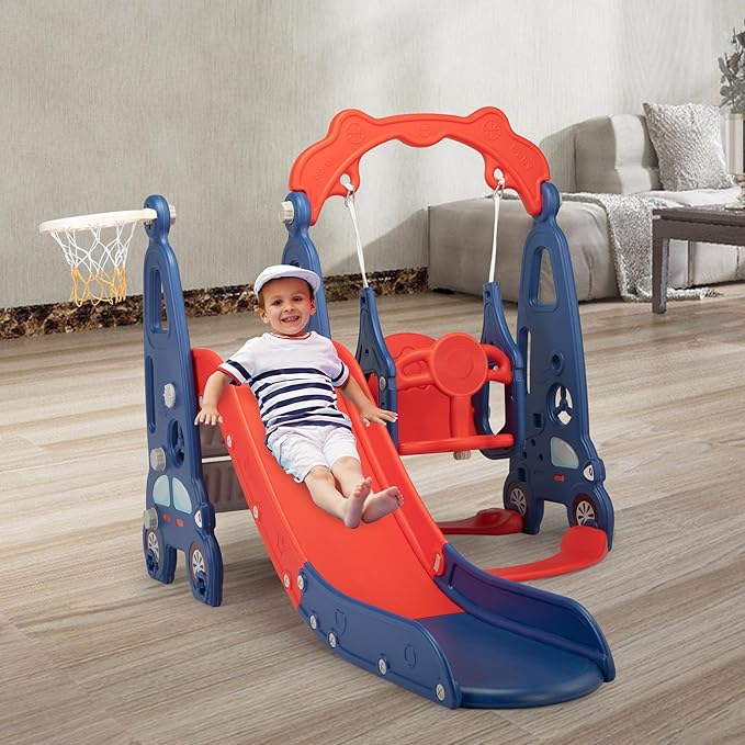 4 in 1 Slide Climber Swing Set, Freestanding Toddler Slide Climber Playset with Basketball Hoop, Toddler Playground Indoor Outdoor, Easy Setup (Red)
