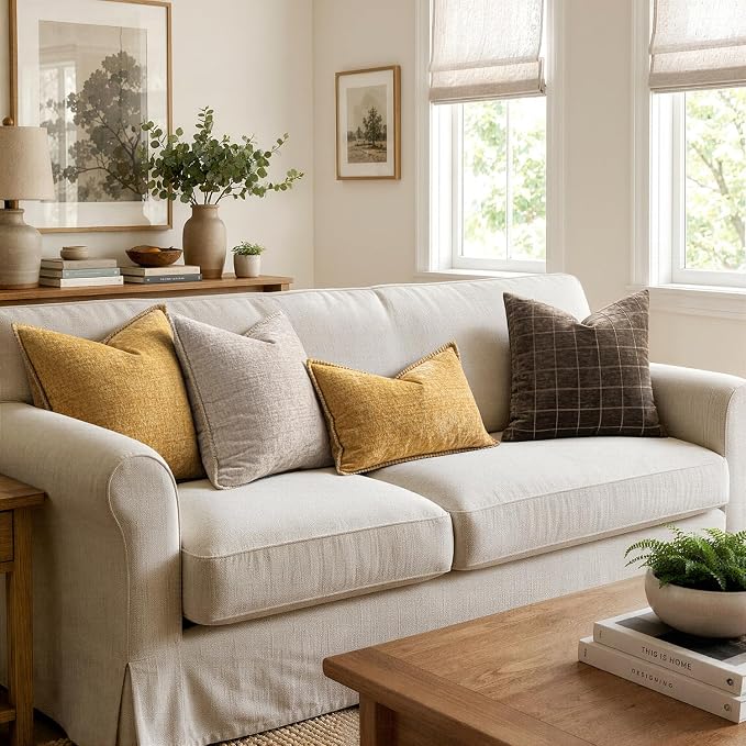 MIULEE Decorative Couch Throw Pillow Covers 16x16 Inch Gold 2 Pack | Mustard Yellow, Farmhouse Pillow Covers with Stitched Edge, Soft Chenille Cushion Cases, for Sofa Bed Living Room Home Decor