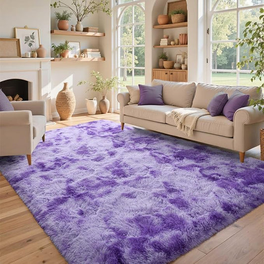 5x7 Purple White Rug Fluffy Living Room Rugs Girls, Plush Soft Fuzzy Area Carpet Non Slip for Bedroom Nursery Kids Girlie Elegant Home Decor Aesthetic