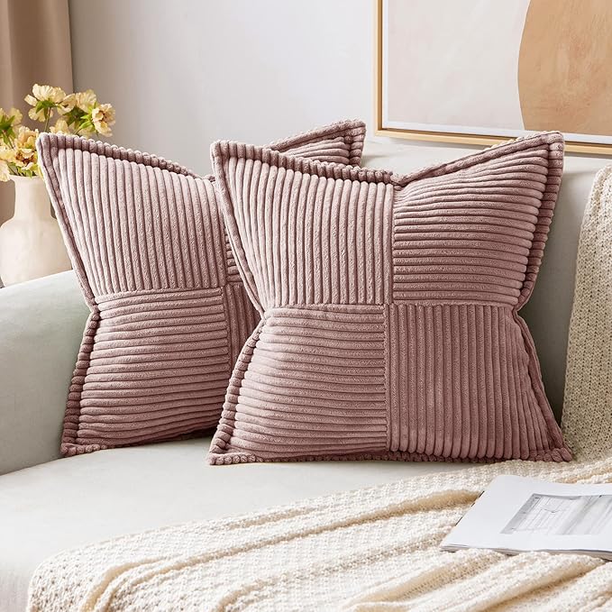 MIULEE Decorative Throw Pillow Covers for Couch 20x20 Inch Blush Pink | 2 Pack, Boho Broadside Striped Patchwork Pillow Covers, Soft Corduroy Cushion Cases, For Sofa Bed Livingroom Home Decor