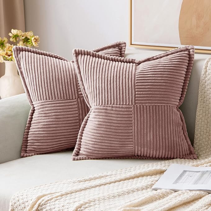 MIULEE Decorative Throw Pillow Covers for Couch 18x18 Inch Blush Pink | 2 Pack, Boho Broadside Striped Patchwork Pillow Covers, Soft Corduroy Cushion Cases, For Sofa Bed Livingroom Home Decor