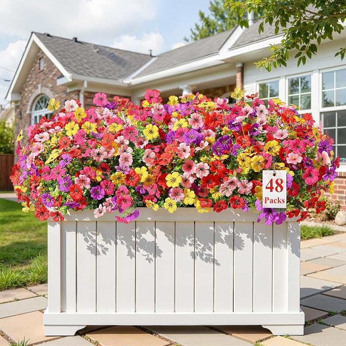Alupssuc 48 Bundles Artificial Daisy Flowers UV Resistant for Outdoor Decor | Silk & Plastic, Spring Faux Plants Greenery, Bendable Stems, for Porch Patio Hanging Window Planter Yard Outside, 5 Colors