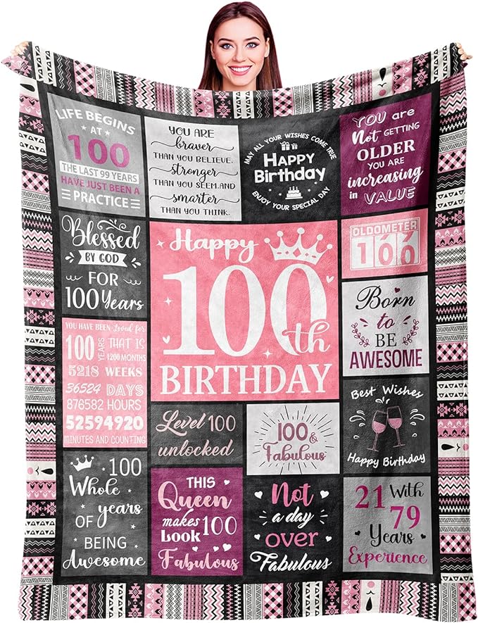Ivivis 100th Birthday Gifts for Women Blanket 60”x50”, 100th Birthday Party Supplies Decorations, Happy 100th Birthday Gifts for 100 Year Old Woman, 1926 Gifts for 100th Birthday Women Mom Grandma