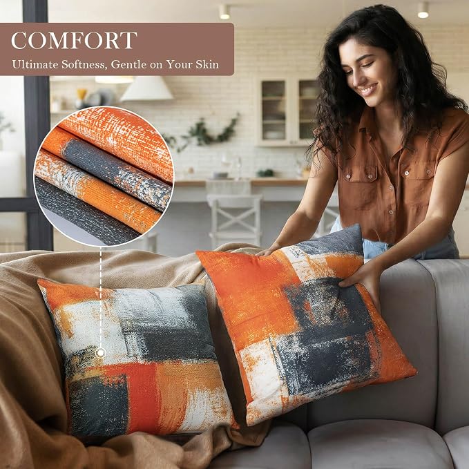 Burnt Orange Throw Pillow Covers 16x16 Set of 4 Decorative Cushion Cover Taupe Abstract Art Painting Pillow Covers for Sofa Couch Bedroom Living Room Outdoor Home Décor | Taupe & Burnt Orange modern‑art cushion cases, neutral aesthetic pillowcases for ...