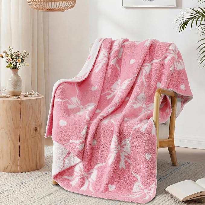 Soft Throw Blanket for Couch-Cozy Reversible Knitted Blankets | Lightweight Warm Fluffy Decor for Women, Mom, Her & Girls, Sofa, Chair, Bed, 50x60in, Diamond Bowknot Pink