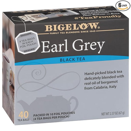 Bigelow Earl Grey Black Tea Bags 40-Count Box (Pack of 6), Caffeinated 240 Tea Bags Total