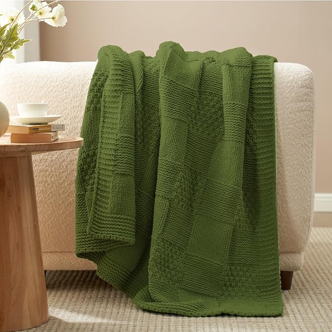Knit Throw Blanket, Soft Chenille Cozy Breathable Checkered Chunky Decorative Blanket for Couch, Bed & Sofa, French-Inspired Lightweight Warm Gift for Women, Olive Green, 50"x60"