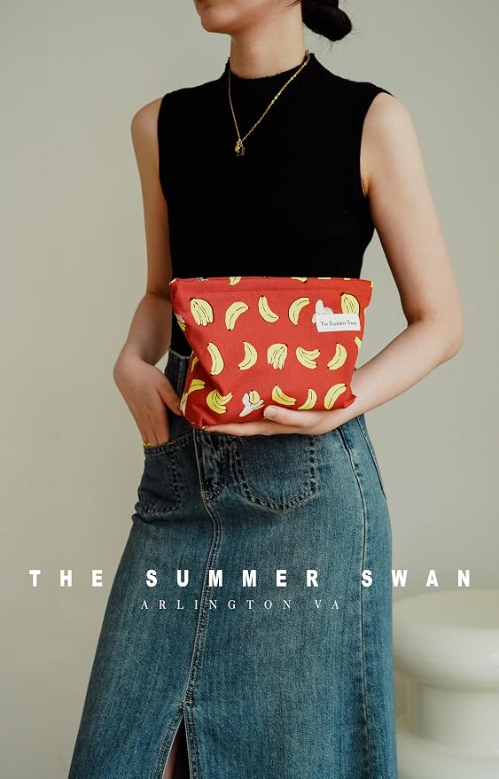 The Summer Swan Large Floral Mid-day Clutch Period Kit Hygiene Skincare Cute Makeup Bag (Banana Red)