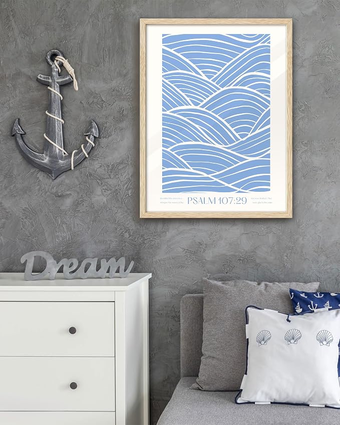 EcoHest 16x20 in Psalm 107:29 Ocean Waves Framed Christian Wall Art | Solid Oak Wood Frame with Canvas Wall Art, Scripture Bible Verse Decor for Bedroom, Living Room, Office, Church, 1Pack
