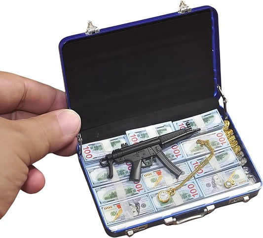 1:6 Scale Miniature Briefcase Set - Includes Fake Gold Bars, Bundles of $100 Mini Dollar Bills, Vintage Coins and Mini Weapons - Unique Adult NoveltyToy & Dollhouse Accessories (Blue)
