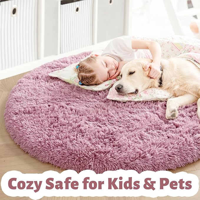 Amdrebio Mauve Pink Circle Round Rug 5Ft for Bedroom, Shaggy Fluffy Fuzzy Plush Cute Area Rugs for Baby Girls Kids Room Decor Aesthetic, Dusty Rose Blush Carpet for Nursery Dorm Playroom Classroom
