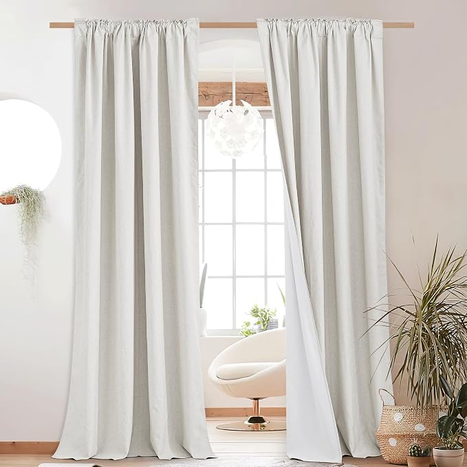 NICETOWN 100% Absolutely Blackout Linen Curtains with Thermal Insulated White Liner, Ivory, W52, 2 Pieces, Back Tab Noise Reducing Textured Linen Look Windows Curtains 90" Length for Classroom