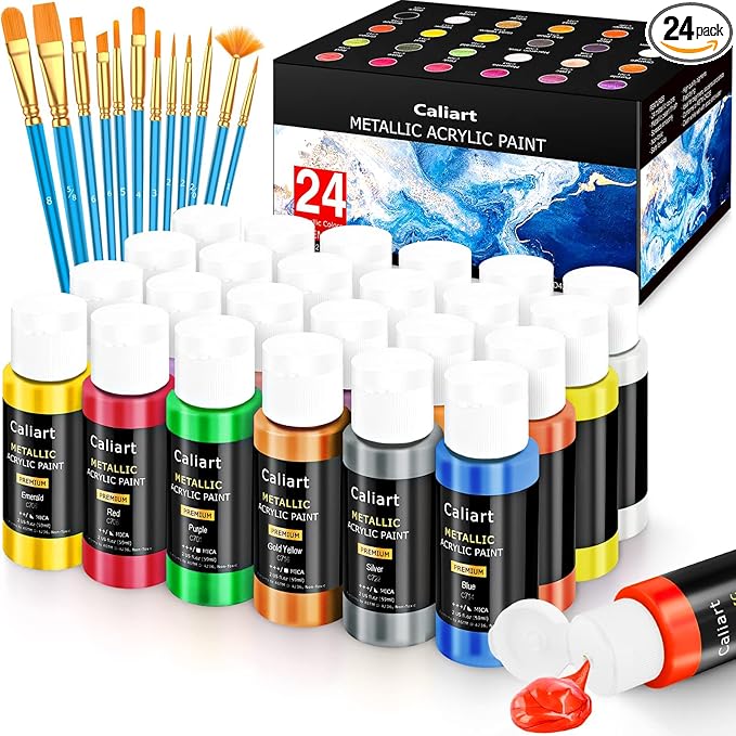 Caliart Metallic Acrylic Paint Set with 12 Brushes, 24 Colors (59ml, 2oz) Art Craft Paints for Adults Artists Beginners Painters, Canvas Halloween Pumpkin Ceramic Wood Fabric Rock Painting Supplies Kit