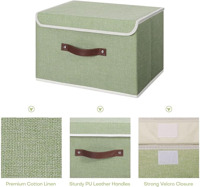 ANMINY Fabric Storage Box Bins with Lids, Green, 15"x10"x10", 2 Pack | Keepsake Memory Storage, Cotton Linen, PP Board Reinforced, Washable, PU Handles, Foldable & Stackable, Decorative, Large