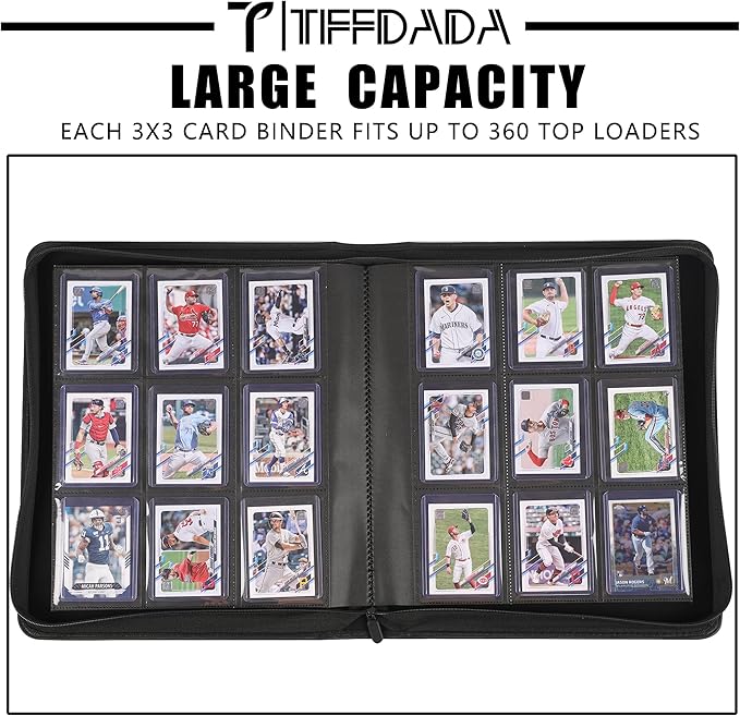 Top Loader Binder for Cards, 9 Pocket, Holds Up to 360 Toploaders with Ringless 20 Double-Sided Sleeves, Side Loading Top Loader Card Binder with Zipper for Trading Sports Cards in 3" x 4" Toploaders
