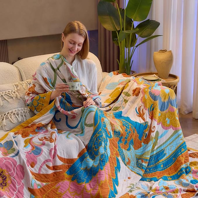 XIBLC Boho Throw Blanket, Lightweight Blankets for Summer, 100% Cotton Bohemian Decorative Throw Blanket, 90"x98" Reversible Muslin Breathable Woven Farmhouse Blankets Quilt,