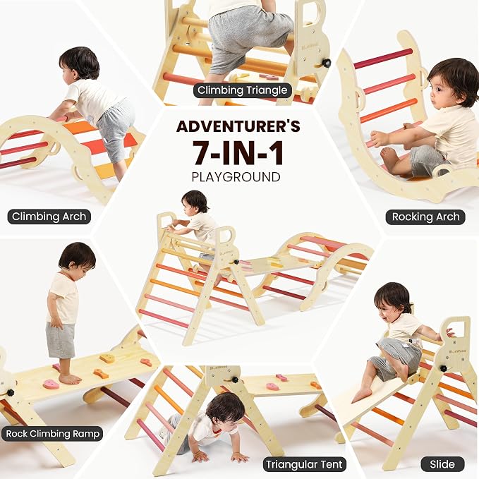 BlueWood Pikler Triangle Set, Toddler Wooden Climbing Toys Indoor 7in1 Foldable Climber for Kids, Montessori Philosophy Play Jungle Gym with Arch, Ramp, Ladder (Farm Charm Autumn)