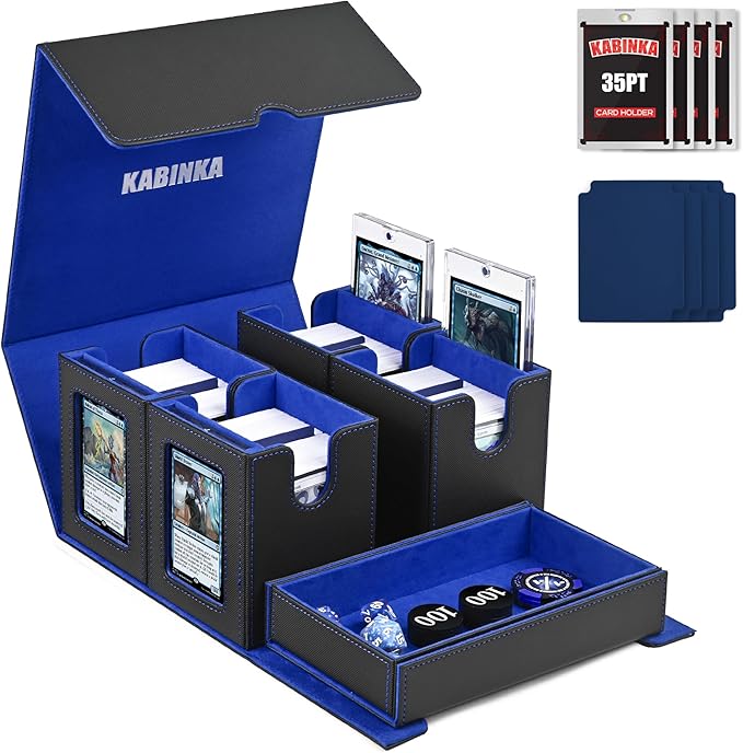 Kabinka Card Deck Box for MTG Commander, Holds 400+ Double-Sleeved Cards, 5 IN 1 Detachable Card Case with Dice Tray, Fits Magic/TCG Cards, 4 Magnetic Card Holders & Dividers (Black Blue)