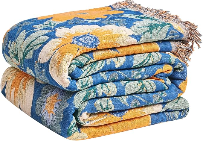 LUTBM Boho Throw Blanket for Couch 50"x60", Cotton Decorative Bed Throws | Blue Reversible Florals Jacquard, All-Season Lightweight Soft Blanket, For Chair Sofa Bedroom Living Room Decor