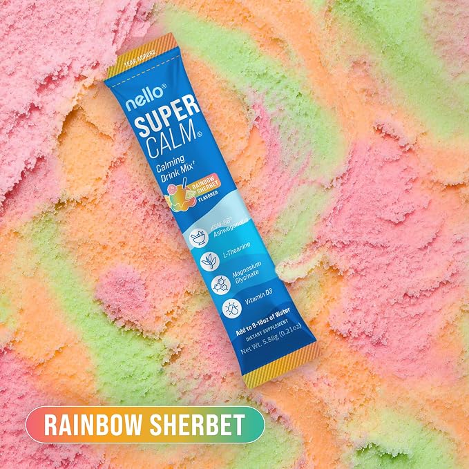 Nello Supercalm Powdered Drink Mix, Cortisol Reducer and Sleep Aid Supplement, L Theanine, Ksm-66 Ashwagandha, Magnesium Glycinate, Vitamin D 3, No Sugar, Non GMO, On The Go, 20 Ct, Rainbow Sherbet