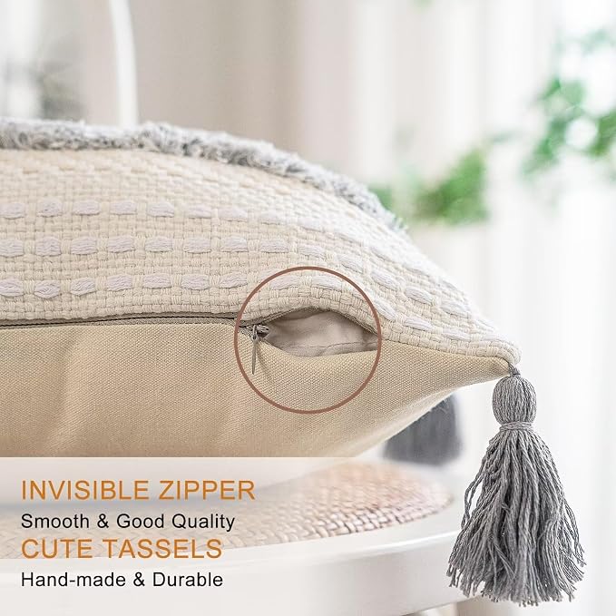 BUIOVBEY Boho Throw Pillow Covers Woven Tufted Pillow Cases with Tassels | Farmhouse Pillow Covers 20x20 Set of 2 Textured Striped Cushion Case Neutral Decorative Pillowcase for Sofa Couch Light Grey