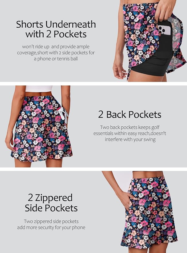PINSPARK 18" Golf Skorts for Women with 6 Pockets Ruffle Athletic Skort | Above the Knee,High Waist,UPF 50+,4-way Stretch,Lightweight,Ruffle Hem,Tennis,Casual,Work,Pickleball