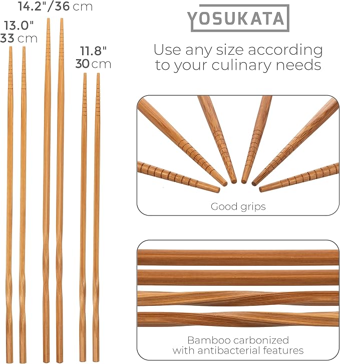 YOSUKATA Carbon Steel Wok Pan 13,5 “ + Premium Wok Cover 13.5 inch Pan Lid + Natural Wooden Long Cooking Chopsticks Set of 3 pairs
