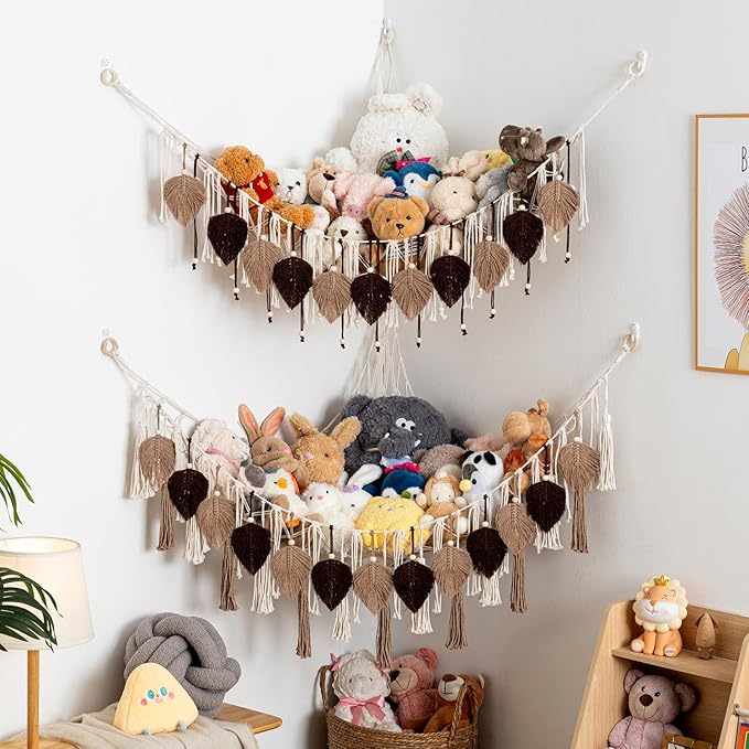 Pretty Jolly Macrame Stuffed Animal Hammock with Beads Hand Woven Leaf Tassels Corner Hanging Net Boho Plush Holder for Kid Room Nursery Decor Easy Install Organizer for Girls Gift(Brown)