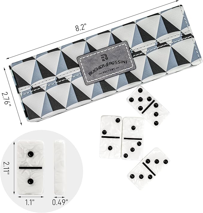 Dominos Set for Adults, Double 6 Domino Set, 28 Jumbo Marbleized White Tiles, Dominoes Set for Adults and Kids - Classic Board Games for Family & Travel (in Rhomb Pattern Leather Case)