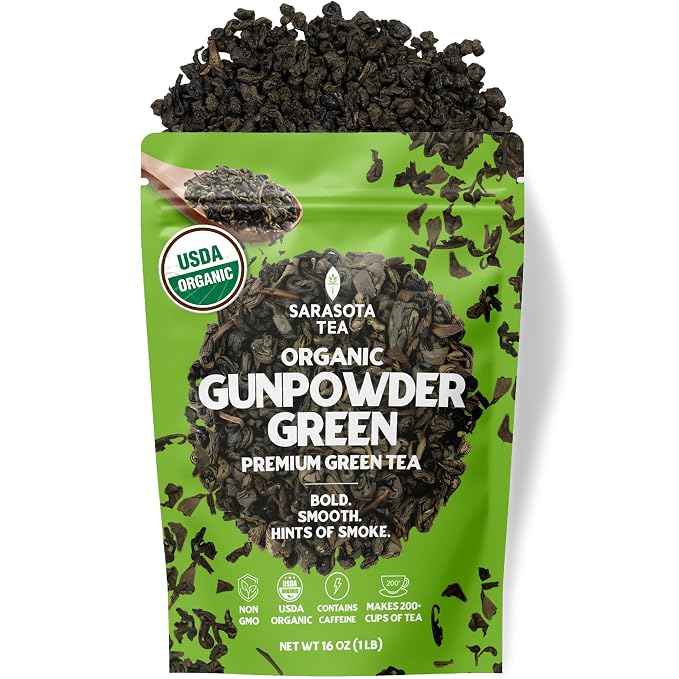 Organic Gunpowder Green Tea Loose Leaf, 1 lb Bulk Bag, USDA Organic Chinese Green Tea, Bold Earthy Flavor, Non-GMO