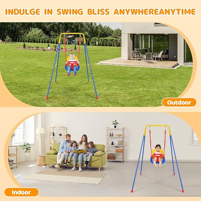 3 in 1 Toddler Swing with Frame, Outdoor Indoor, Baby Swing with Safety Belt for Indoor and Outdoor Use, Foldable Metal Stand & Clear Instructions, Easy to Assemble