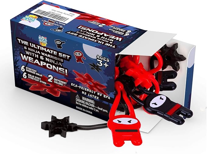 12 Pc. Ninja Toys Set with Stretchy Flying Ninjas and Colorful Throwing Stars Slingshots, Flexible and Sticky Elastic, Fun Birthday Party Favors for Boys and Girls