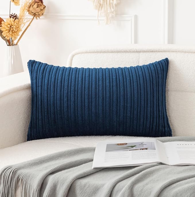 UGASA Velvet Soft Solid Corduroy Striped Decorative Throw Pillow Covers Set Cushion Case for Sofa/Bedroom/Car, 1 Pc, 12x20 Inch, Navy Blue