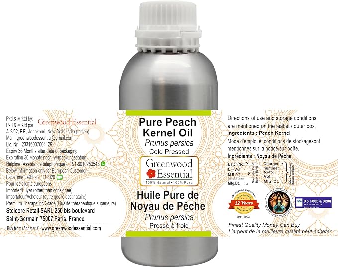 Greenwood Essential Pure Peach Kernel Oil (Prunus persica) Cold Pressed 300ml (10 oz)