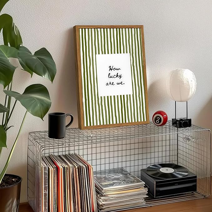 Framed How Lucky Are We Wall Art, Green Striped Pictures Wall Decor, Trendy Inspirational Quote Paintings Canvas Prints Preppy Home Decor for Living Room Bedroom Office Dorm 16x24 inch