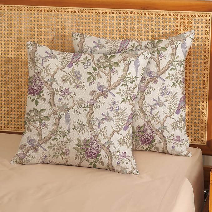 GOLIANDA Chinoiserie Pillow Covers 20x20 Set of 2 Purple Green Floral Bird Throw Pillows Vintage Flowers Bird Decorative Pillow Cases Outdoor Chinoiserie Decor Farmhouse Cushion Case for Couch Sofa