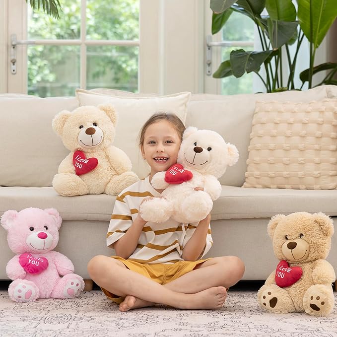 MaoGoLan Small Teddy Bear with Red Heart, I Love You Valentines Teddy Bear Stuffed Animal White,Velvet Red Heart Bear Gift for Kids,Girlfriend,Wife,12"