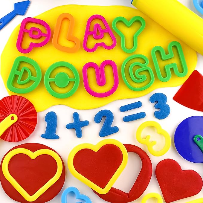 Dough Tools 47 PCS Dough Accessories with Letters Alphabet Numbers Symbols Shapes Cutters, Preschool Learning Toys for Toddlers Kids Boys Girls