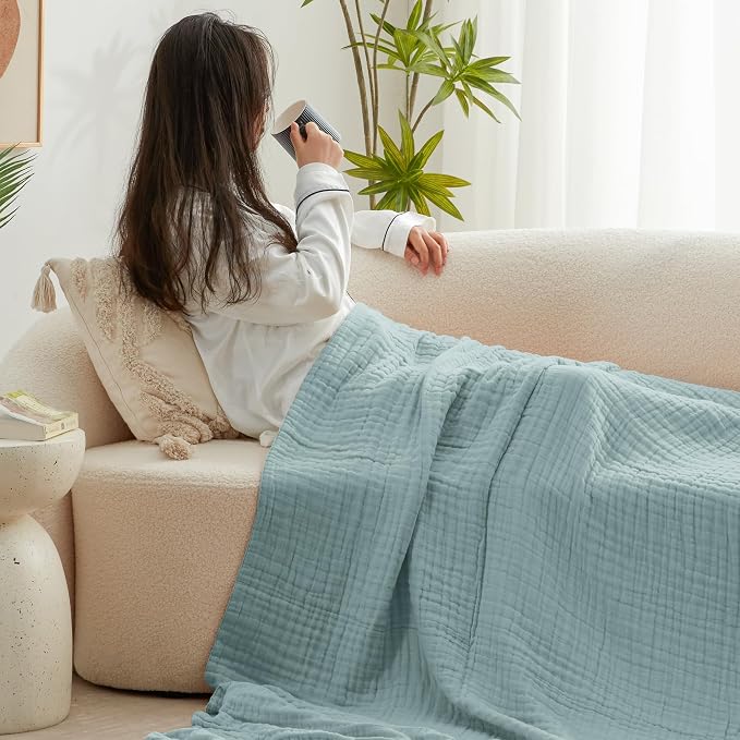 Love's cabin 100% Cotton Muslin Blanket, 6 Layer Lightweight Breathable Gauze Throw Blanket 50 x 60 Inches, Soft All Season Blanket for Couch, Bed, Sofa, Cyan