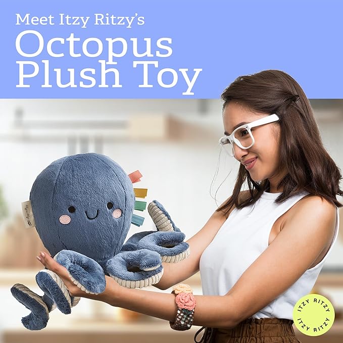 Itzy Ritzy Snuggles Plush Toy – Soft Stuffed Animal for Babies, Kids & Adults – Sensory Ribbons & Textured Fabrics for Tactile Play – Cozy & Cuddly Companion for Newborns & Up (Octopus)