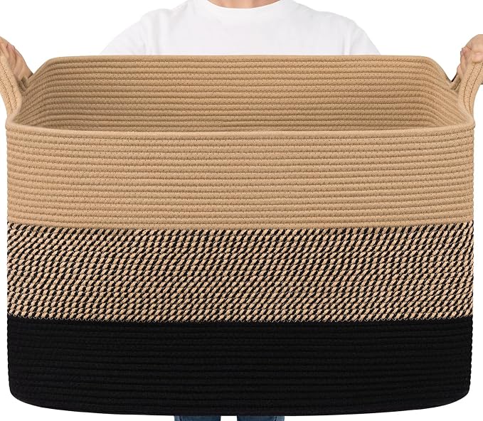 Goodpick 105L Extra Large Woven Rope Blanket Basket, Rectangle, Black Jute | 25'' x 16'' x 16'' Storage Basket for Blankets, Pillows & Toys, Living Room & Bedroom Organization, Reinforced Handles