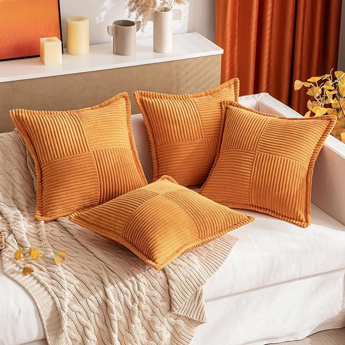 MIULEE Fall Burnt Decorative Lumbar Throw Pillow Covers 12x20 Inch | 2 Pack, Boho Broadside Striped Patchwork Pillow Covers, Soft Corduroy Cushion Cases, For Couch Sofa Bed Livingroom Home Decor