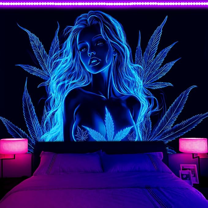 Bcsewcg Blacklight Art, Blue Tapestry Wall Hanging - UV Glow in the Dark Hot Girl Poster for Adults, Bedroom, Dorm Decor